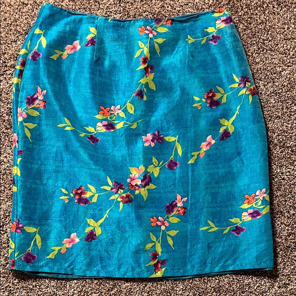BOGO FREE Emily Spencer Silk Skirt Turquoise Floral Print Silk Summer Skirt
